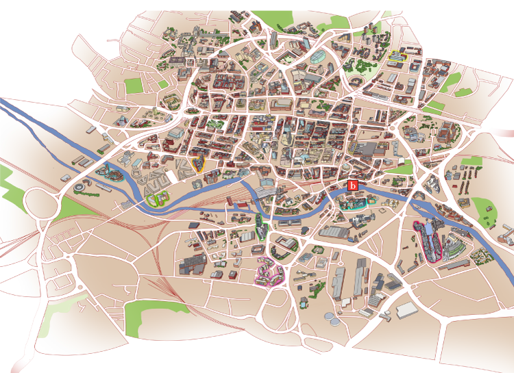 a vector map of Leeds city centre featuring highlighted units managed by bridgefords estate agent